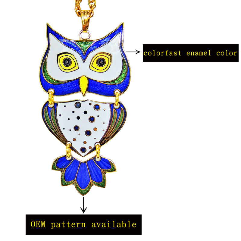 cloisonne owl necklace, enamel necklace